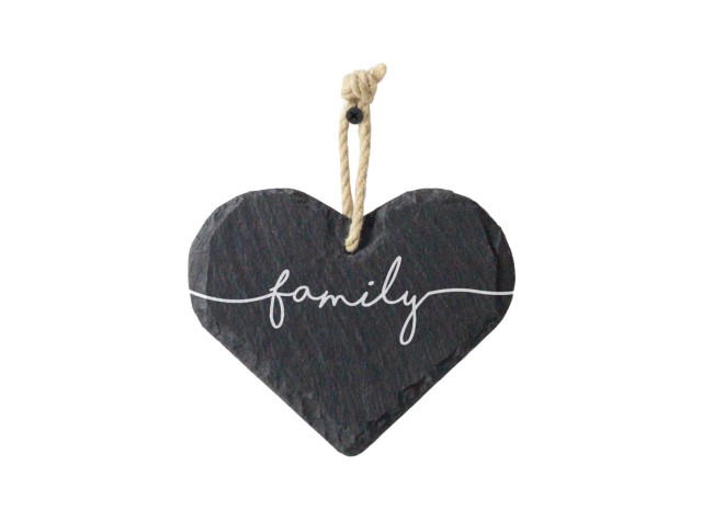 Welsh slate heart shaped hanging sign engraved with the word family